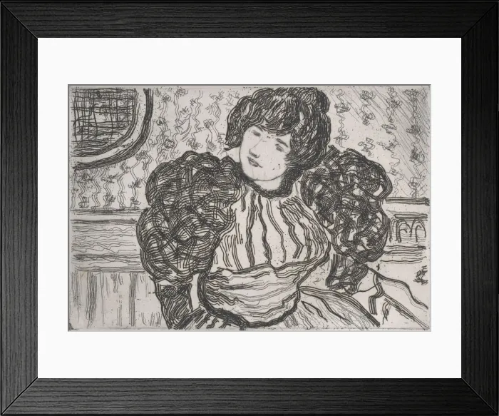 Framed Print : Woman wearing a dress with puffy sleeves, ca. 1906. Creator: Charles Cottet Framed Print : Woman wearing a dress with puffy sleeves, ca. 1906. Creator: Charles Cottet