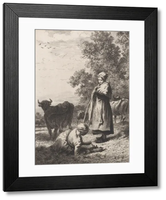 Framed Print : Little Milkmaids, 1864. Creator: Charles Emile Jacque Framed Print : Little Milkmaids, 1864. Creator: Charles Emile Jacque
