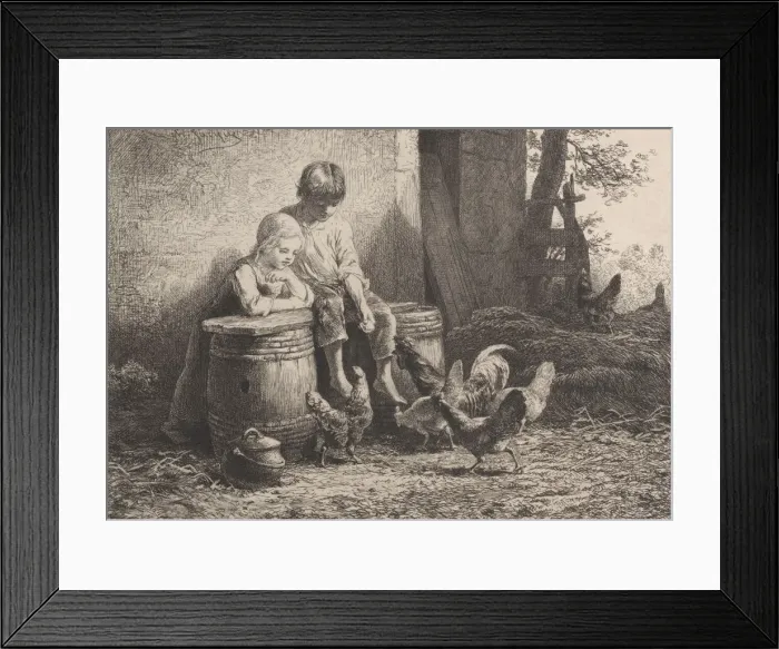 Framed Print : Petits, petits!!, 1864. Creator: Charles Emile Jacque Framed Print : Petits, petits!!, 1864. Creator: Charles Emile Jacque