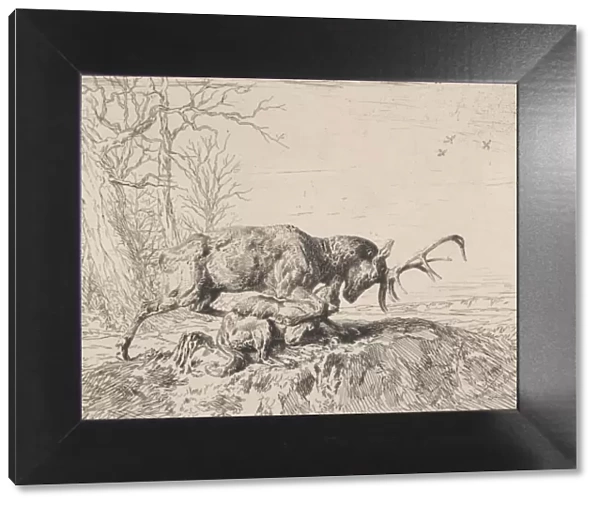 Stag Fighting a Wolf, after Antoine Louis Barye, 1846. Creator: Charles Emile Jacque