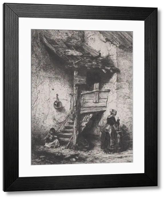 Framed Print : Stairs and Woman Churning, 1845. Creator: Charles Emile Jacque Framed Print : Stairs and Woman Churning, 1845. Creator: Charles Emile Jacque