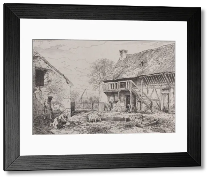 Framed Print : Landscape of a Peasants Yard, 1845. Creator: Charles Emile Jacque Framed Print : Landscape of a Peasants Yard, 1845. Creator: Charles Emile Jacque