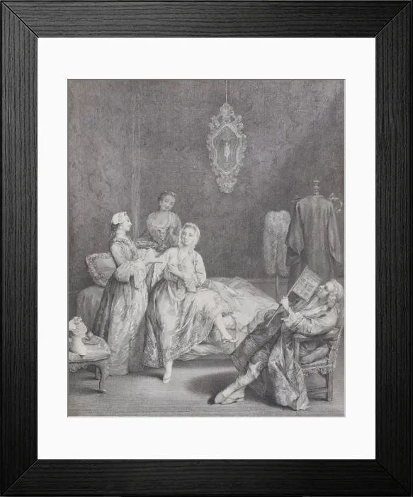 Framed Print : A woman getting out of bed in an elegant interior, with two servants about to help her Framed Print : A woman getting out of bed in an elegant interior, with two servants about to help her
