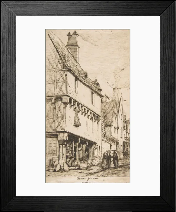 Framed Print : An Old House, or The Musicians House, Bourges, 1860. Creator: Charles Meryon Framed Print : An Old House, or The Musicians House, Bourges, 1860. Creator: Charles Meryon