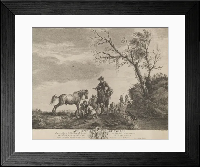 Framed Print : An accident while traveling, a kneeling man fixing a broken saddle, a horse pissing Framed Print : An accident while traveling, a kneeling man fixing a broken saddle, a horse pissing