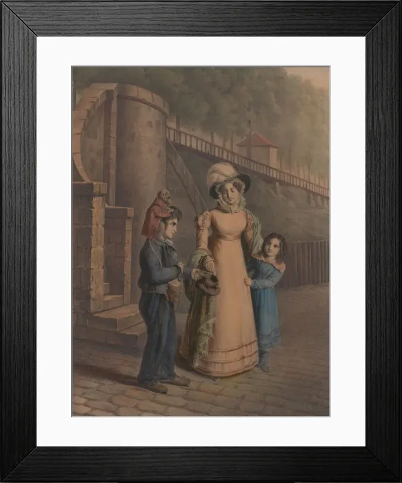Framed Print : Boy with a monkey on his shoulder receiving coins from a mother and daughter, 1803-40 Framed Print : Boy with a monkey on his shoulder receiving coins from a mother and daughter, 1803-40