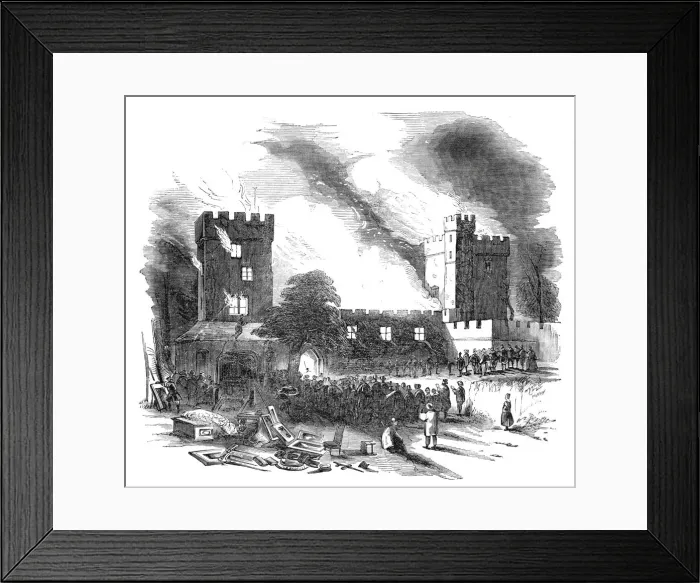Framed Print : Burning of Naworth Castle - from a drawing made on the spot, 1844. Creator: Unknown Framed Print : Burning of Naworth Castle - from a drawing made on the spot, 1844. Creator: Unknown