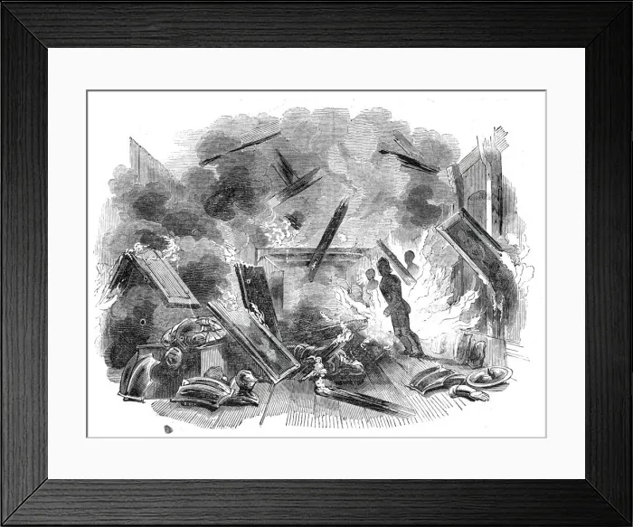 Framed Print : Interior of Naworth Castle, during the conflagration, 1844. Creator: Unknown Framed Print : Interior of Naworth Castle, during the conflagration, 1844. Creator: Unknown