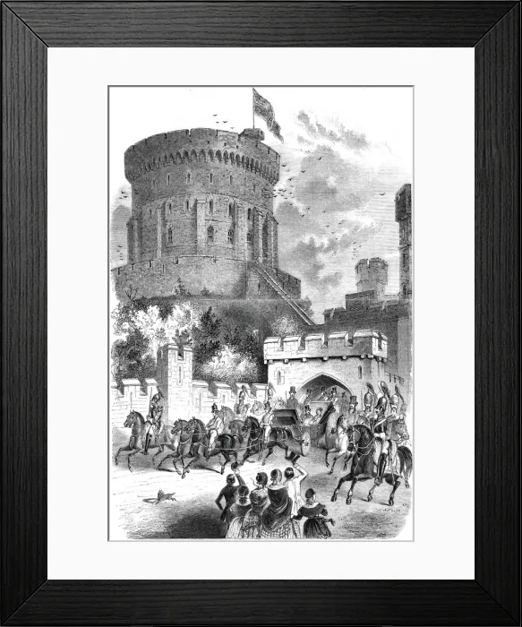 Framed Print : Windsor Castle in 1844 - Queen Victoria and Prince Albert leaving the Castle for London Framed Print : Windsor Castle in 1844 - Queen Victoria and Prince Albert leaving the Castle for London