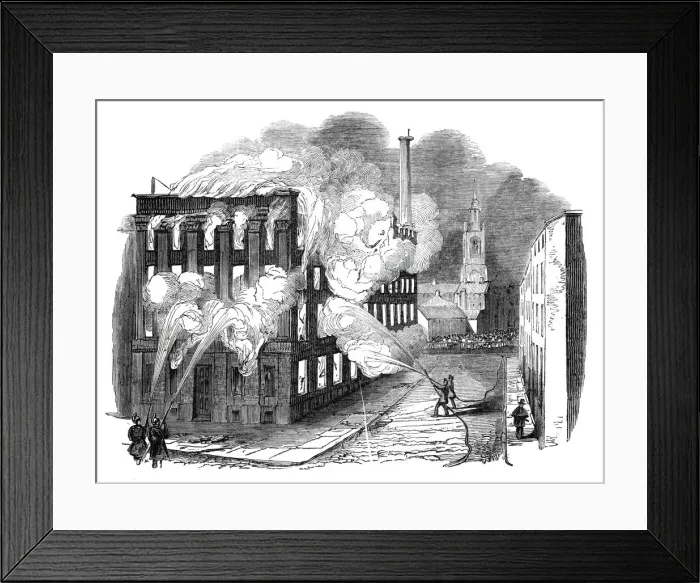 Framed Print : Burning of Irwell Buildings, Manchester, 1844. Creator: Unknown Framed Print : Burning of Irwell Buildings, Manchester, 1844. Creator: Unknown
