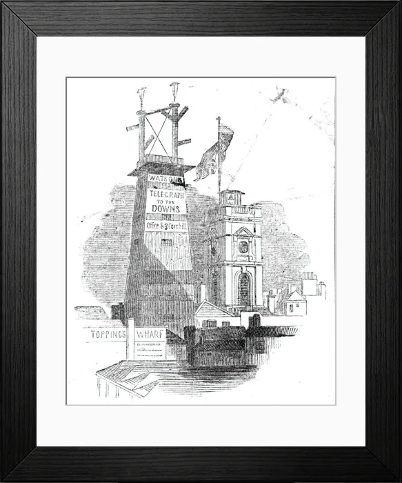 Framed Print : The Telegraph, and Church of St Olafs before the fire, 1843. Creator: Unknown Framed Print : The Telegraph, and Church of St Olafs before the fire, 1843. Creator: Unknown