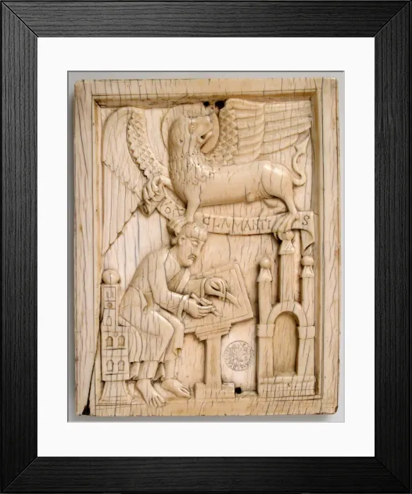 Framed Print : Evangelist Saint Mark writing the Gospel with his symbol, the Lion, holding a scroll Framed Print : Evangelist Saint Mark writing the Gospel with his symbol, the Lion, holding a scroll