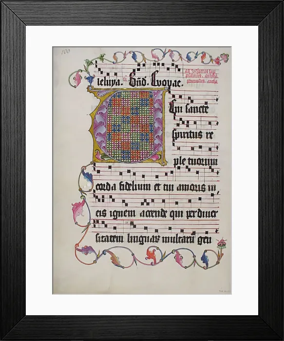 Framed Print : Manuscript Leaf with Initial V, from an Antiphonary, German, second quarter 15th century Framed Print : Manuscript Leaf with Initial V, from an Antiphonary, German, second quarter 15th century