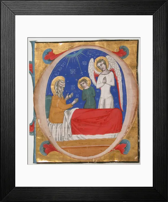 Framed Print : Manuscript Illumination with Tobit, Tobias, and the Archangel Raphael in an Initial O