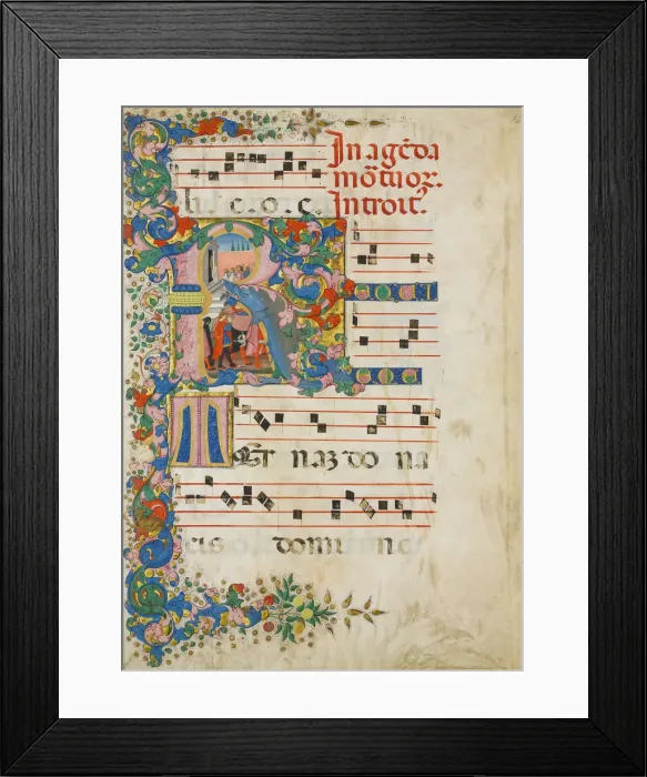 Framed Print : Manuscript Leaf with a Funeral Procession in an Initial R, from a Gradual, Italian Framed Print : Manuscript Leaf with a Funeral Procession in an Initial R, from a Gradual, Italian