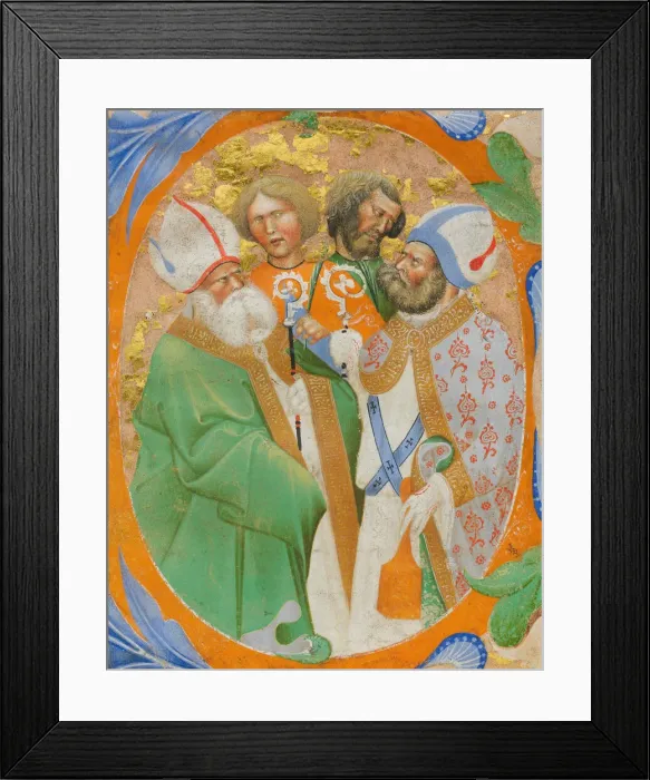 Framed Print : Manuscript Illumination with Four Saints in an Initial O, from a Choir Book, Italian Framed Print : Manuscript Illumination with Four Saints in an Initial O, from a Choir Book, Italian