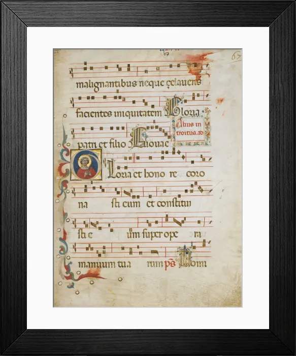 Framed Print : Manuscript Leaf with a female saint (possibly Dorothy) in an Initial G, from a Gradual Framed Print : Manuscript Leaf with a female saint (possibly Dorothy) in an Initial G, from a Gradual