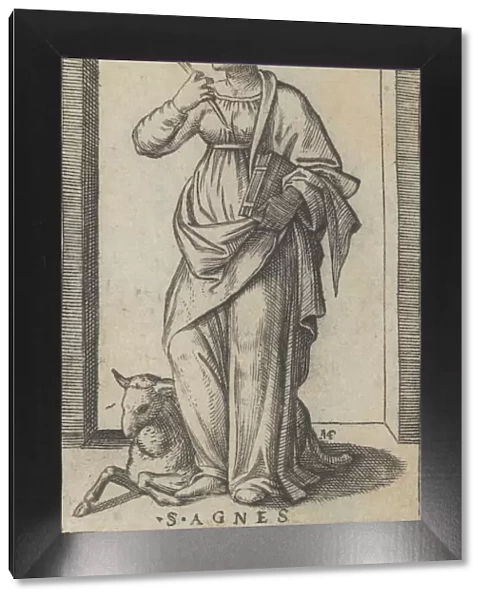 Saint Agnes standing a holding a palm in her right hand, a sheep lower left, from... ca