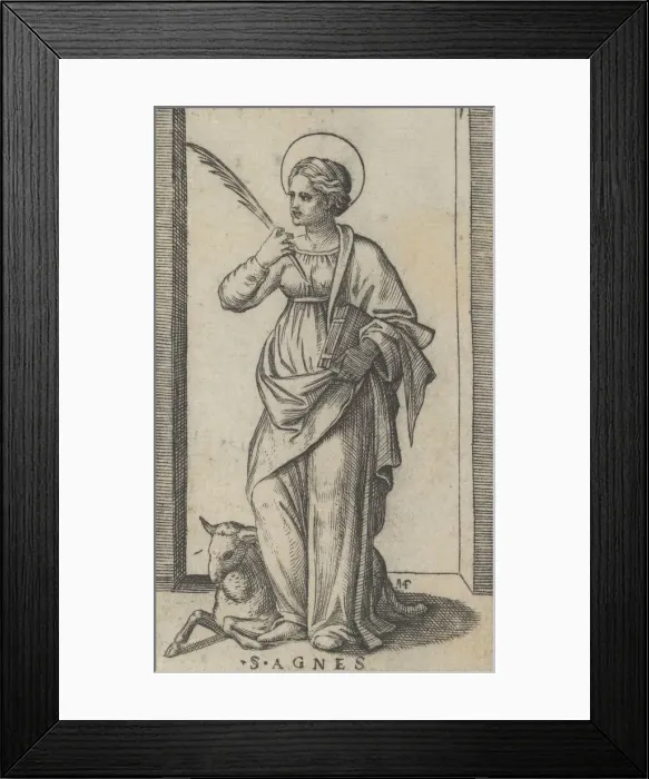 Framed Print : Saint Agnes standing a holding a palm in her right hand, a sheep lower left, from... ca Framed Print : Saint Agnes standing a holding a palm in her right hand, a sheep lower left, from... ca