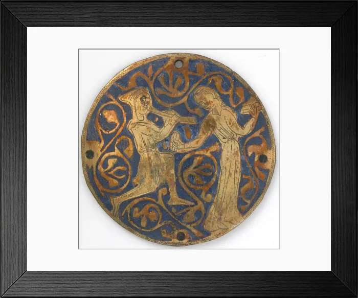 Framed Print : Medallion with Youth Playing Pipe for Dancing Woman with Castanets, French, ca. 1240-60 Framed Print : Medallion with Youth Playing Pipe for Dancing Woman with Castanets, French, ca. 1240-60