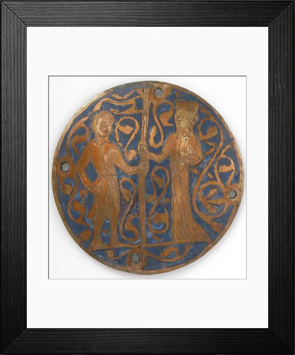 Framed Print : Medallion with man and woman holding standard, French, ca. 1240-60. Creator: Unknown Framed Print : Medallion with man and woman holding standard, French, ca. 1240-60. Creator: Unknown