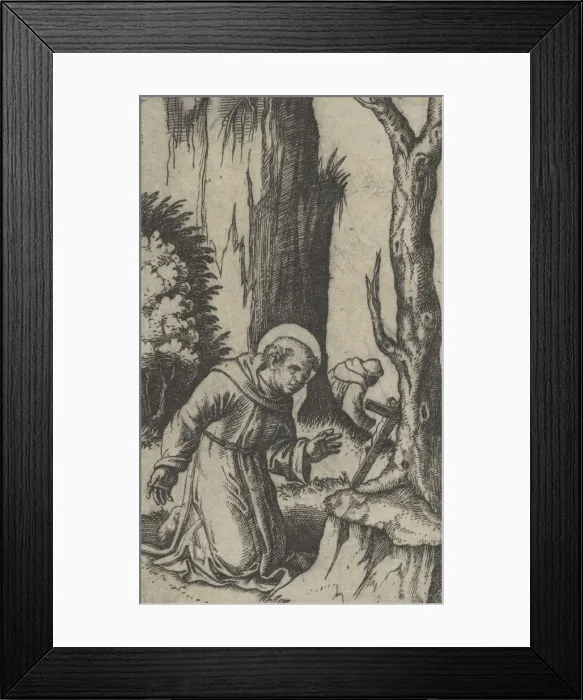 Framed Print : Saint Francis of Assisi praying before a crucifix, from the series Piccoli Santi... ca Framed Print : Saint Francis of Assisi praying before a crucifix, from the series Piccoli Santi... ca