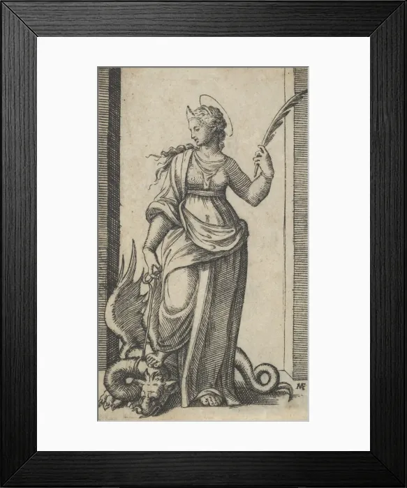 Framed Print : Saint Margaret standing, a dragon at the left, from the series Piccoli Santi (S... ca Framed Print : Saint Margaret standing, a dragon at the left, from the series Piccoli Santi (S... ca