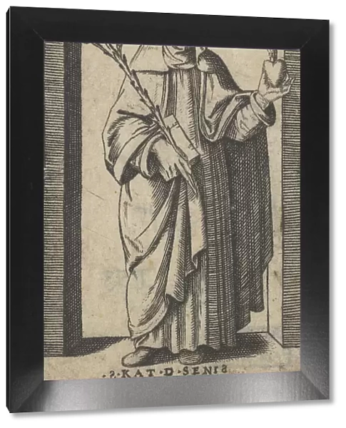 Saint Catherine of Siena standing holding flowers and book in her right hand, a h... ca