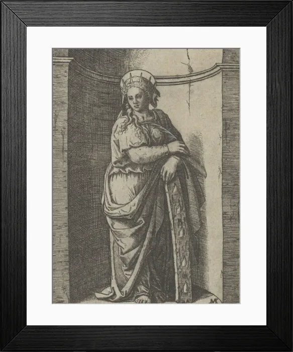 Framed Print : Saint Catherine standing in a niche, resting on a wheel, her instrument of tortur... ca Framed Print : Saint Catherine standing in a niche, resting on a wheel, her instrument of tortur... ca