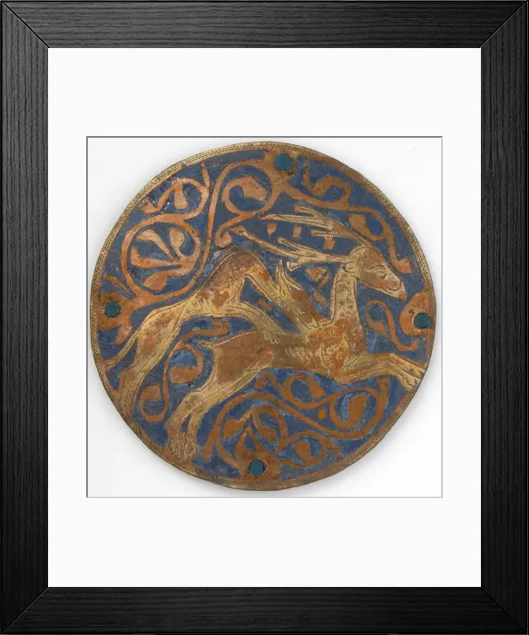Framed Print : Medallion with Hound Attacking Stag, French, ca. 1240-60. Creator: Unknown Framed Print : Medallion with Hound Attacking Stag, French, ca. 1240-60. Creator: Unknown