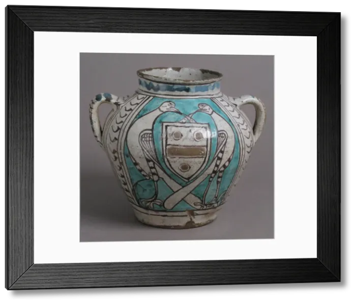 Framed Print : Two-Handled Jar with Birds and a Coat of Arms, Italian, early 1400s. Creator: Unknown Framed Print : Two-Handled Jar with Birds and a Coat of Arms, Italian, early 1400s. Creator: Unknown