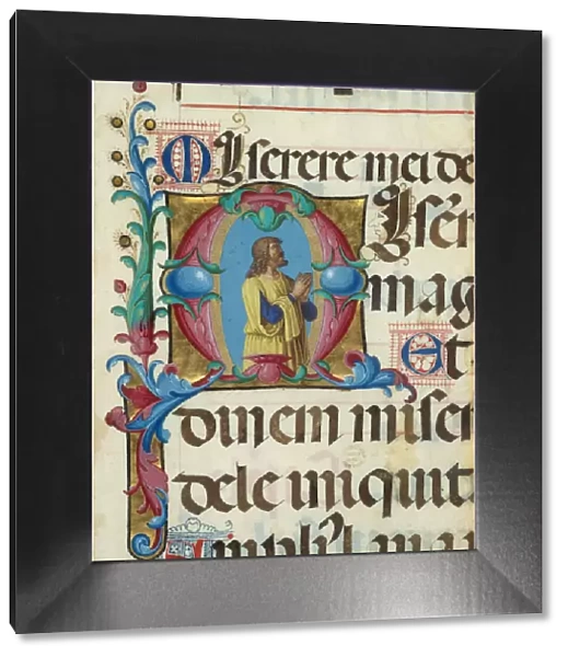 Manuscript Illumination with David in Prayer in an Initial M, from a Psalter, Italian