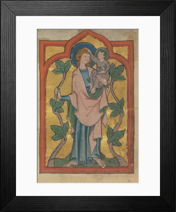 Framed Print : Manuscript Leaf with Saint Christopher Bearing Christ, German or Swiss Framed Print : Manuscript Leaf with Saint Christopher Bearing Christ, German or Swiss