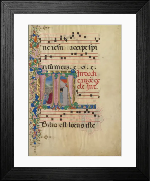 Framed Print : Manuscript Leaf with the Dedication of a Church in an Initial T, from a Gradual Framed Print : Manuscript Leaf with the Dedication of a Church in an Initial T, from a Gradual