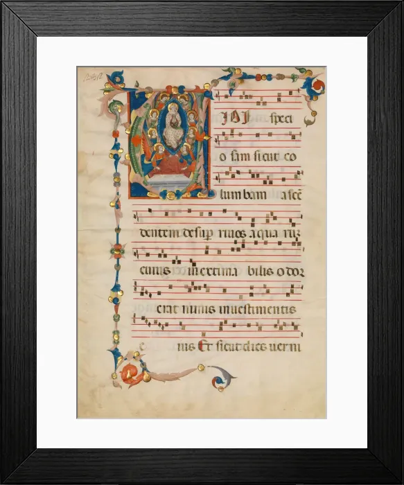 Framed Print : Manuscript Leaf with the Assumption of the Virgin in an Initial V, from an Antiphonary Framed Print : Manuscript Leaf with the Assumption of the Virgin in an Initial V, from an Antiphonary