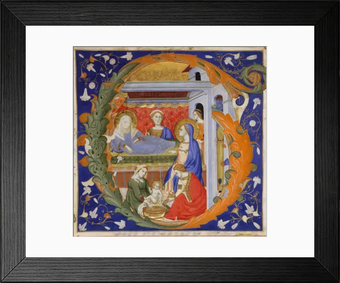 Framed Print : Manuscript Illumination with the Birth of the Virgin in an Initial G, from a Gradual Framed Print : Manuscript Illumination with the Birth of the Virgin in an Initial G, from a Gradual