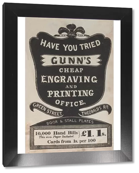 Trade Card for Gunns Cheap Engraving and Printing Office, 19th century. Creator: Anon