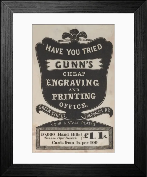 Framed Print : Trade Card for Gunns Cheap Engraving and Printing Office, 19th century. Creator: Anon Framed Print : Trade Card for Gunns Cheap Engraving and Printing Office, 19th century. Creator: Anon