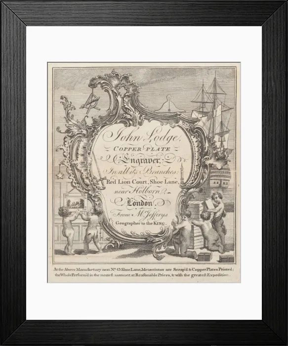 Framed Print : Trade Card for John Lodge, Copper Plate Engraver, 18th century. Creator: Anon Framed Print : Trade Card for John Lodge, Copper Plate Engraver, 18th century. Creator: Anon