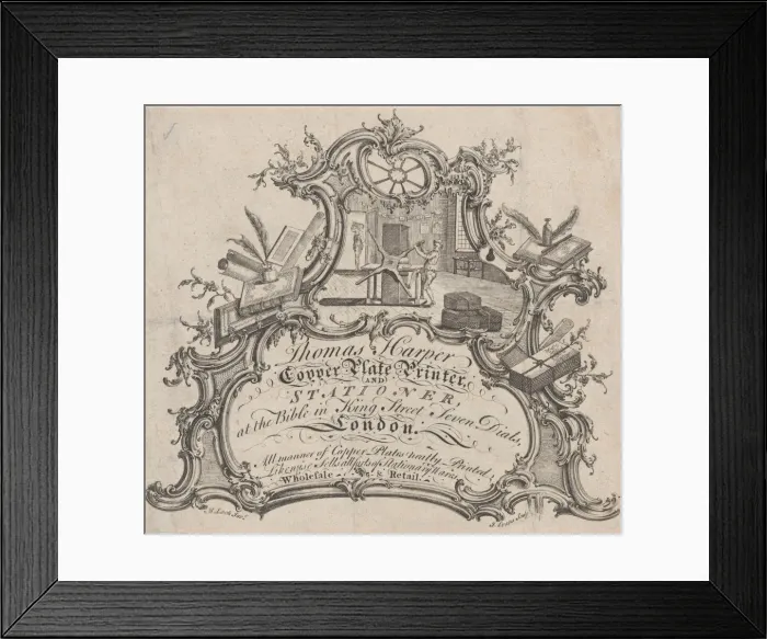 Framed Print : Trade Card for Thomas Harper, Copper Plate Printer and Stationer, 18th century Framed Print : Trade Card for Thomas Harper, Copper Plate Printer and Stationer, 18th century