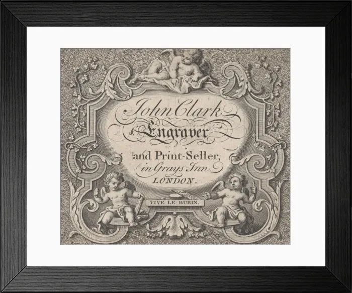 Framed Print : Trade Card for John Clark, Engraver & Printseller, 18th century. Creator: Anon Framed Print : Trade Card for John Clark, Engraver & Printseller, 18th century. Creator: Anon