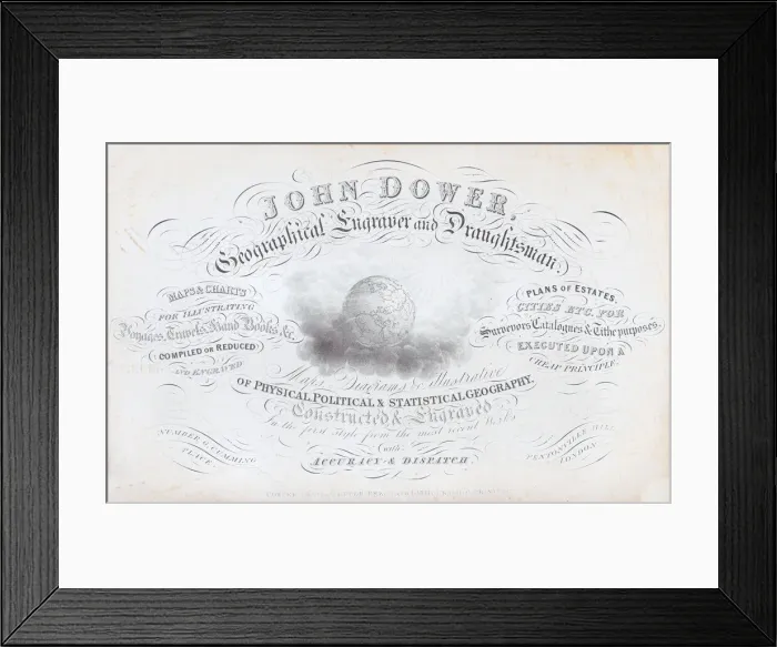 Framed Print : Trade card for John Dower, geographical engraver and draughtsman, 19th century Framed Print : Trade card for John Dower, geographical engraver and draughtsman, 19th century