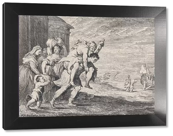 Aeneas fleeing Troy, with a group of six figures leaving the city at left
