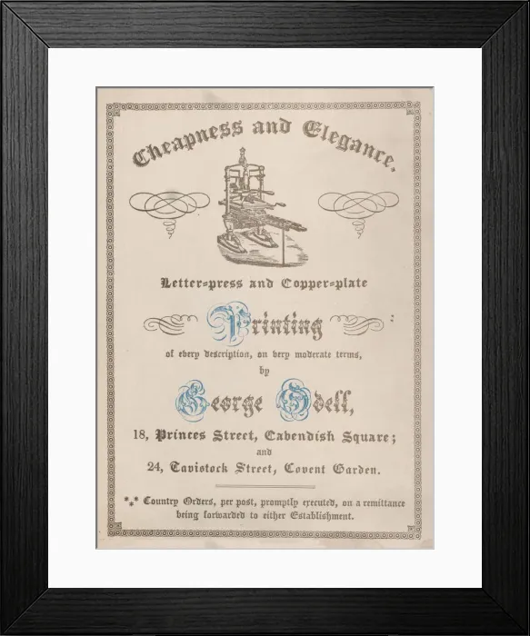 Framed Print : Trade card for George Odell, Printer, 19th century. Creator: Anon Framed Print : Trade card for George Odell, Printer, 19th century. Creator: Anon