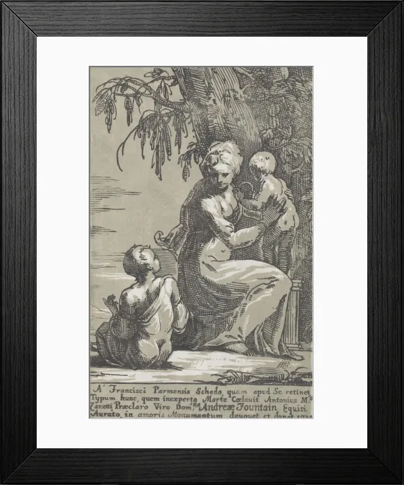Framed Print : A Woman Standing at the Foot of a Tree Holding an Infant, with a Seated Boy, 1724 Framed Print : A Woman Standing at the Foot of a Tree Holding an Infant, with a Seated Boy, 1724