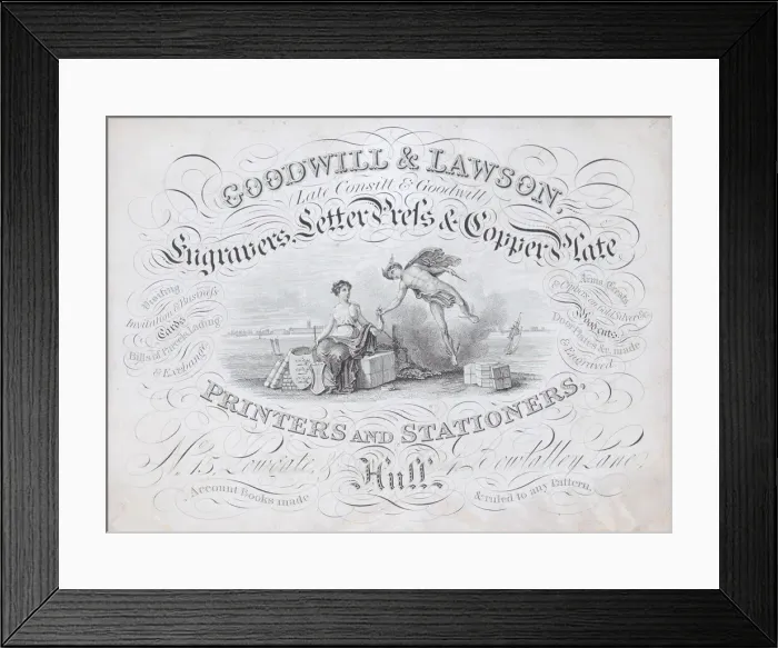 Framed Print : Trade card for Goodwill & Lawson, engravers, printers and stationers, 19th century Framed Print : Trade card for Goodwill & Lawson, engravers, printers and stationers, 19th century