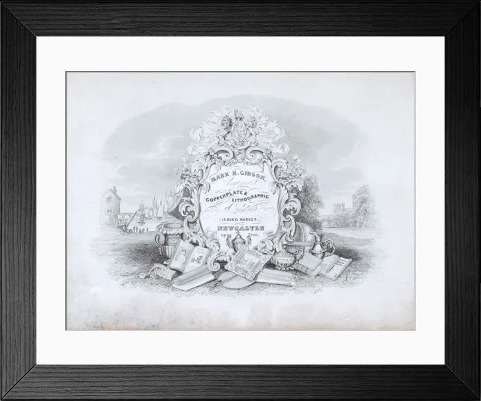 Framed Print : Trade Card for Mark H. Gibson, Engraver and Printer, 19th century. Creator: Anon Framed Print : Trade Card for Mark H. Gibson, Engraver and Printer, 19th century. Creator: Anon