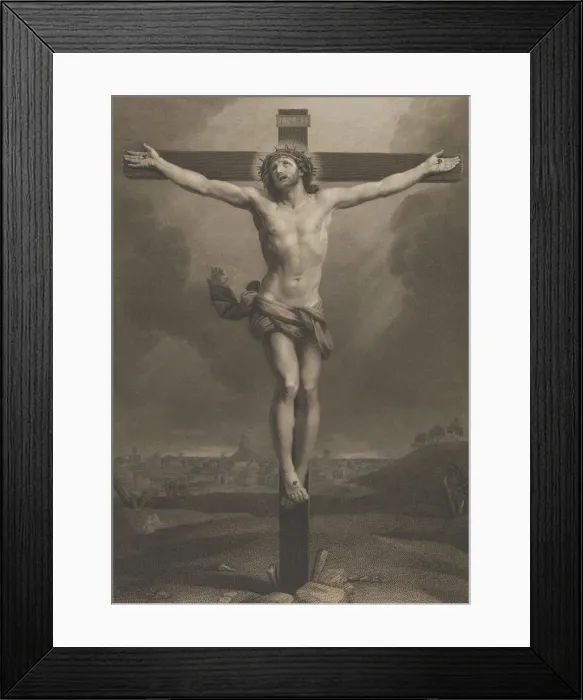 Framed Print : Christ on the cross, a town in the background, after Reni, 1850-88