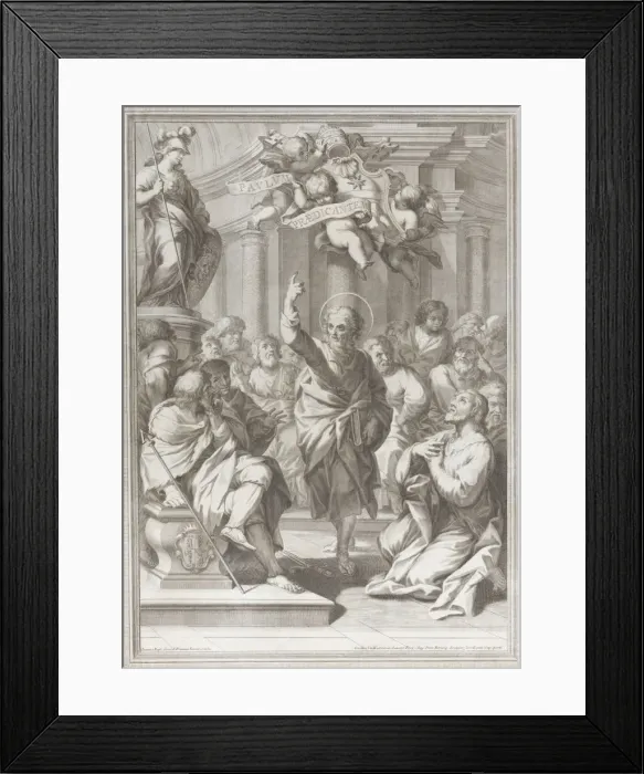 Framed Print : Saint Paul preaching at center, standing in a crowd in a columned interior, pointing Framed Print : Saint Paul preaching at center, standing in a crowd in a columned interior, pointing