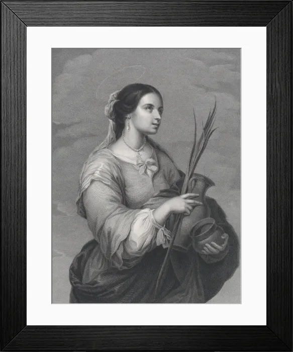 Framed Print : St Justa, three-quarter length, turned to right, holding two pots and a palm, 1840-1860 Framed Print : St Justa, three-quarter length, turned to right, holding two pots and a palm, 1840-1860